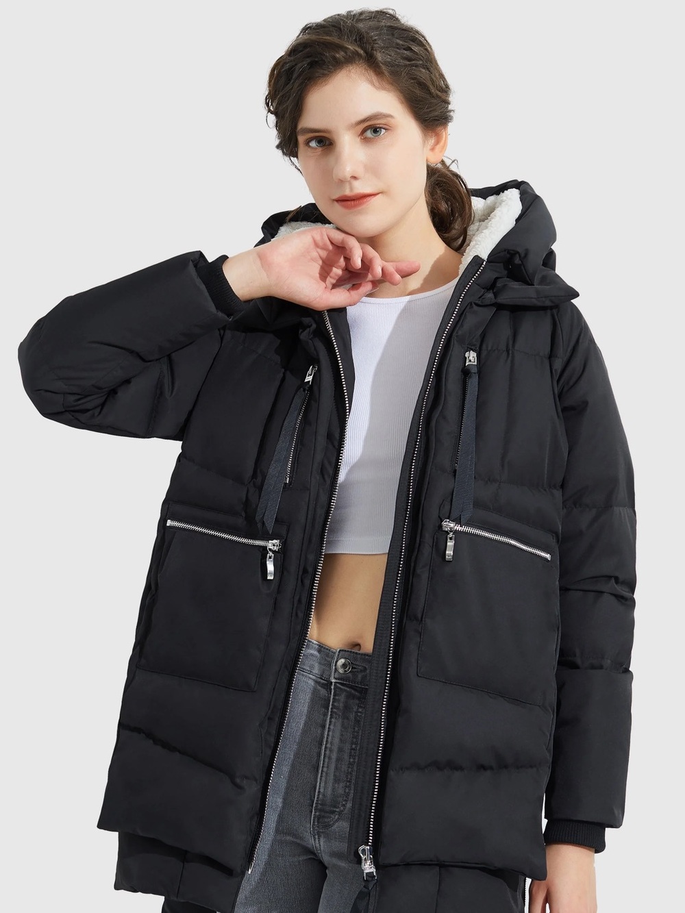 Insulated Black Hooded Puffer Jacket for Women